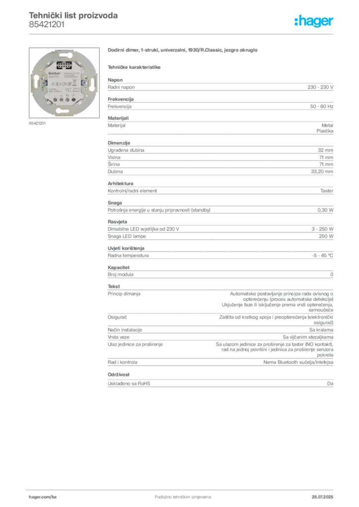 Slika Hager Product data sheet 85421201  | Hager