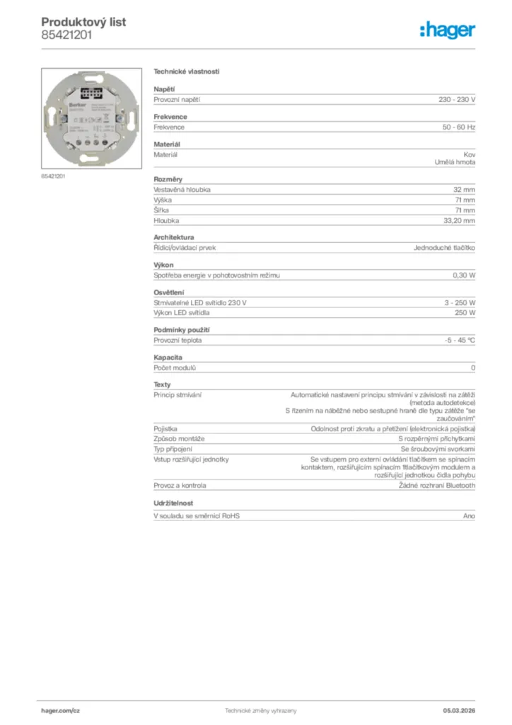 Obrázek Hager Product data sheet 85421201 | Hager