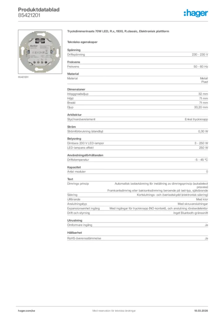 Bild Hager Produktdatablad 85421201 | Hager Sverige