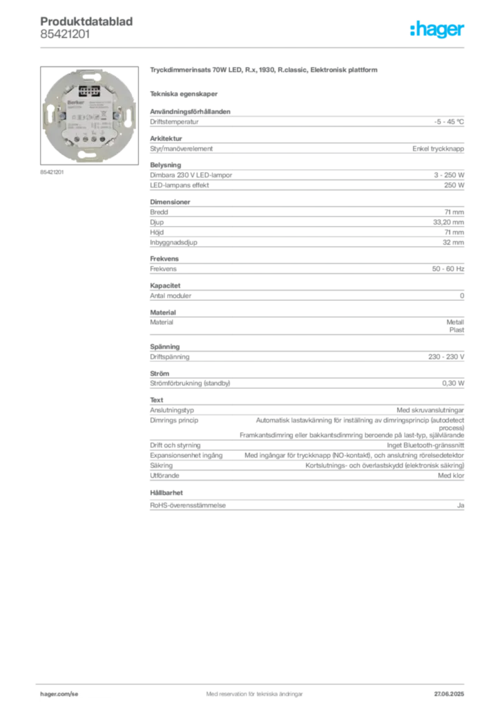 Bild Hager Produktdatablad 85421201 | Hager Sverige