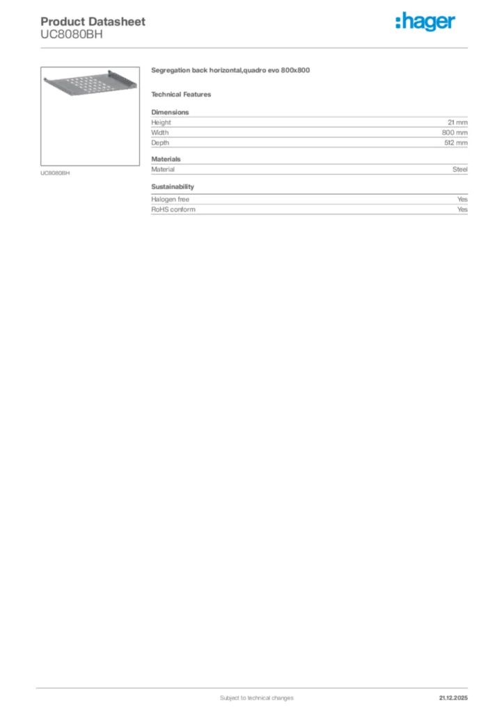 Image Hager Product data sheet UC8080BH  | Hager Africa