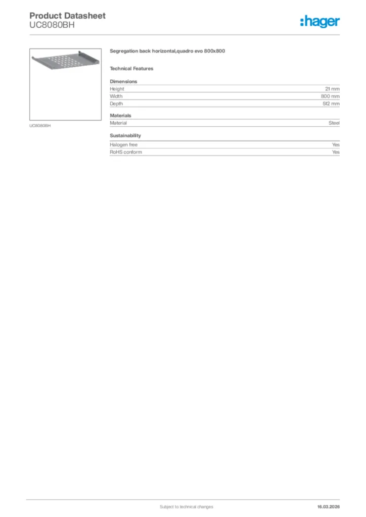 Image Hager Product data sheet UC8080BH  | Hager Africa