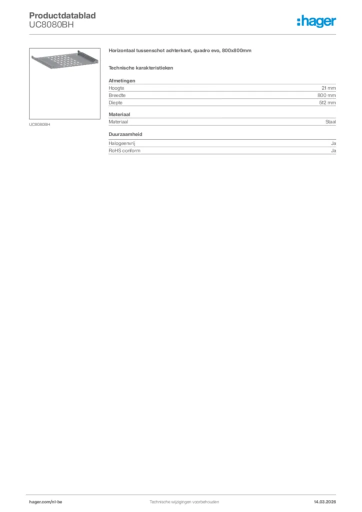 Afbeelding Hager Productdatablad UC8080BH | Hager Belgium