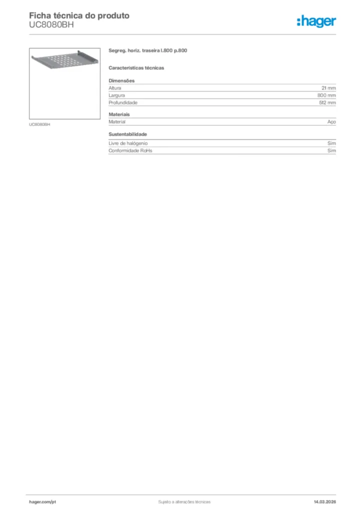 Imagem Hager Ficha técnica do produto UC8080BH | Hager Portugal