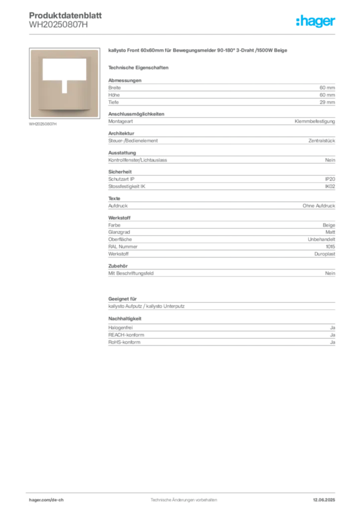 Bild Hager Produktdatenblatt WH20250807H | Hager Schweiz