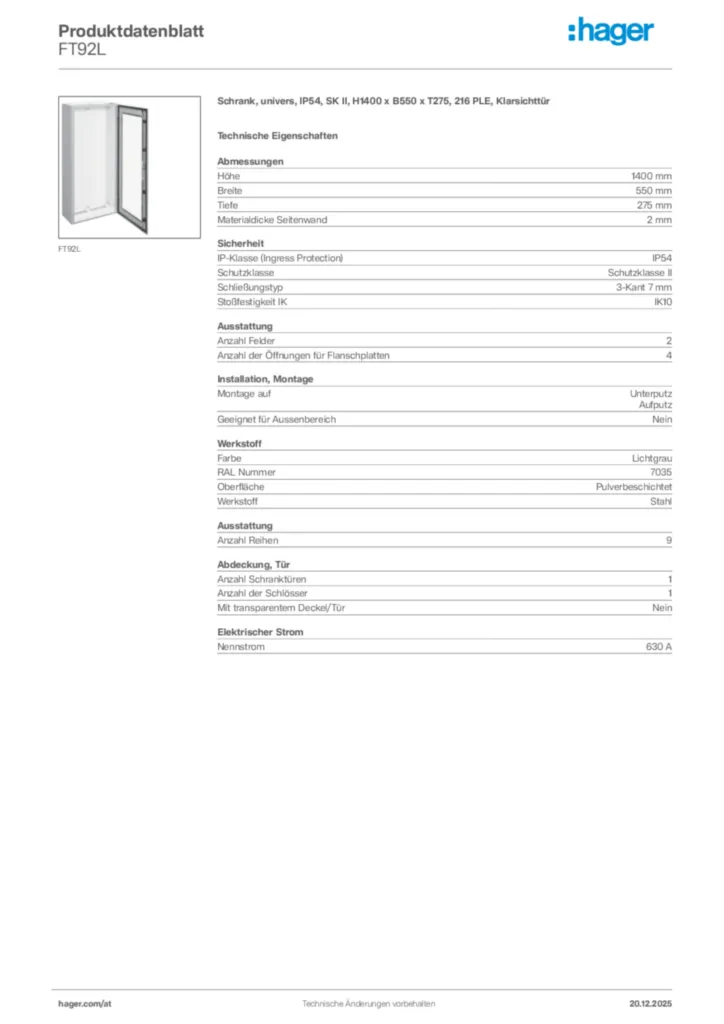 Bild Hager Produktdatenblatt FT92L | Hager Deutschland