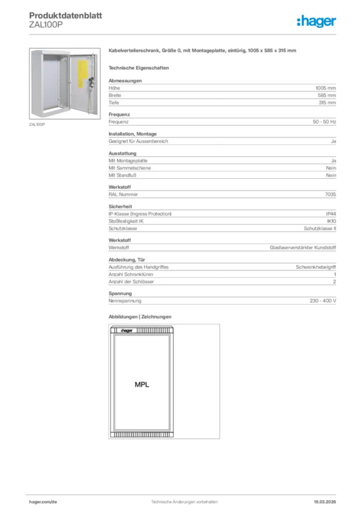 Bild Hager Produktdatenblatt ZAL100P | Hager Deutschland
