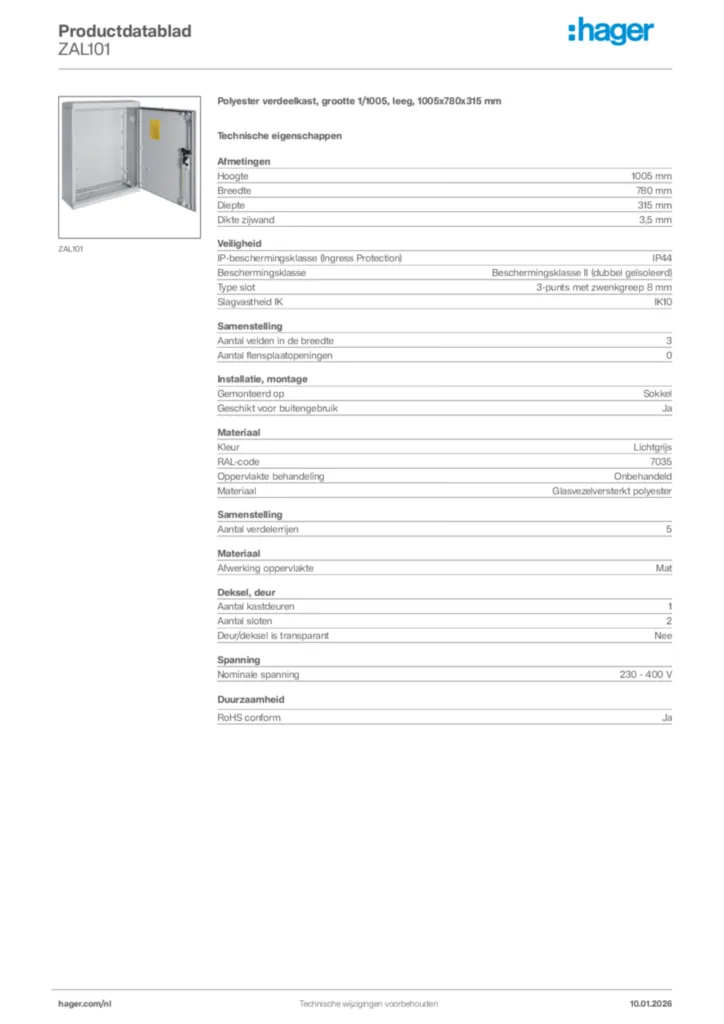 Afbeelding Hager Productdatablad ZAL101 | Hager Nederland
