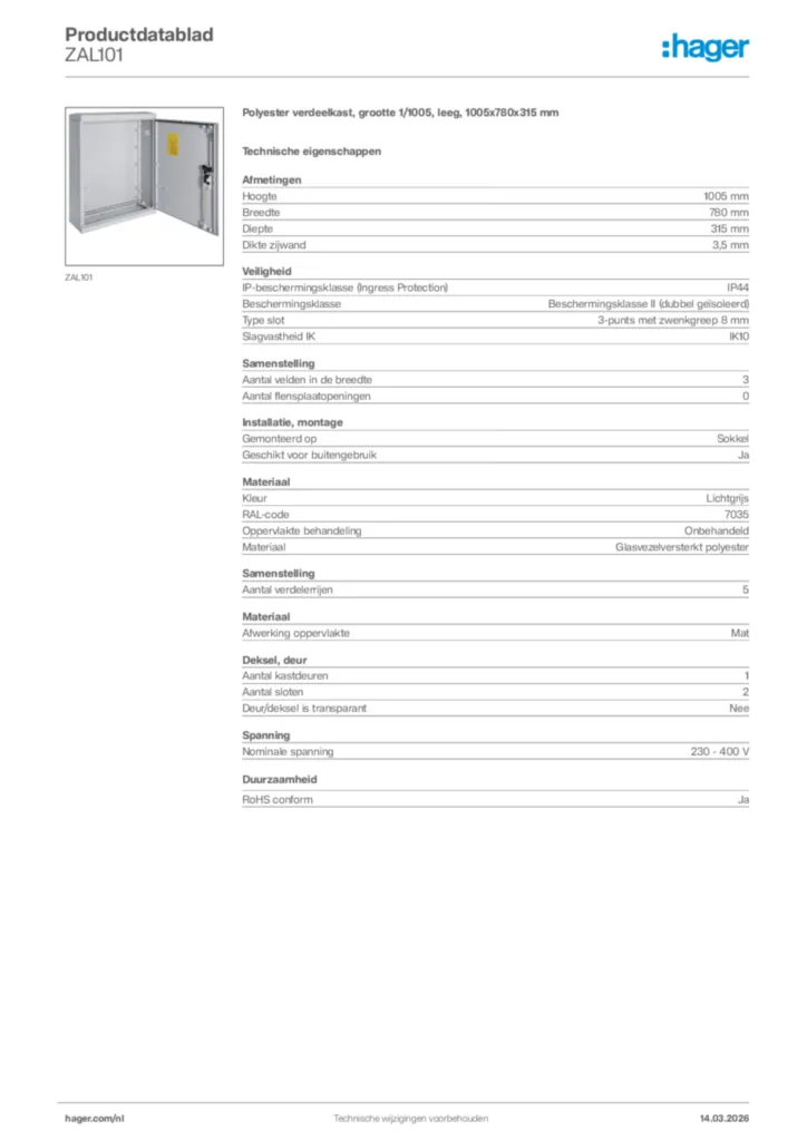 Afbeelding Hager Productdatablad ZAL101 | Hager Nederland
