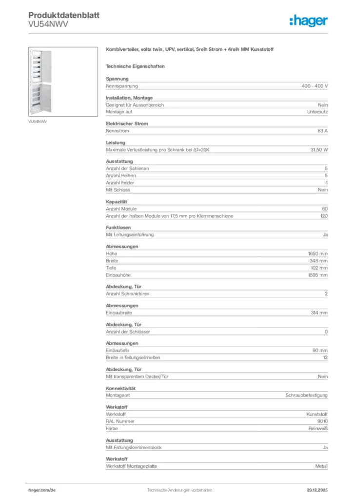 Bild Hager Produktdatenblatt VU54NWV | Hager Deutschland