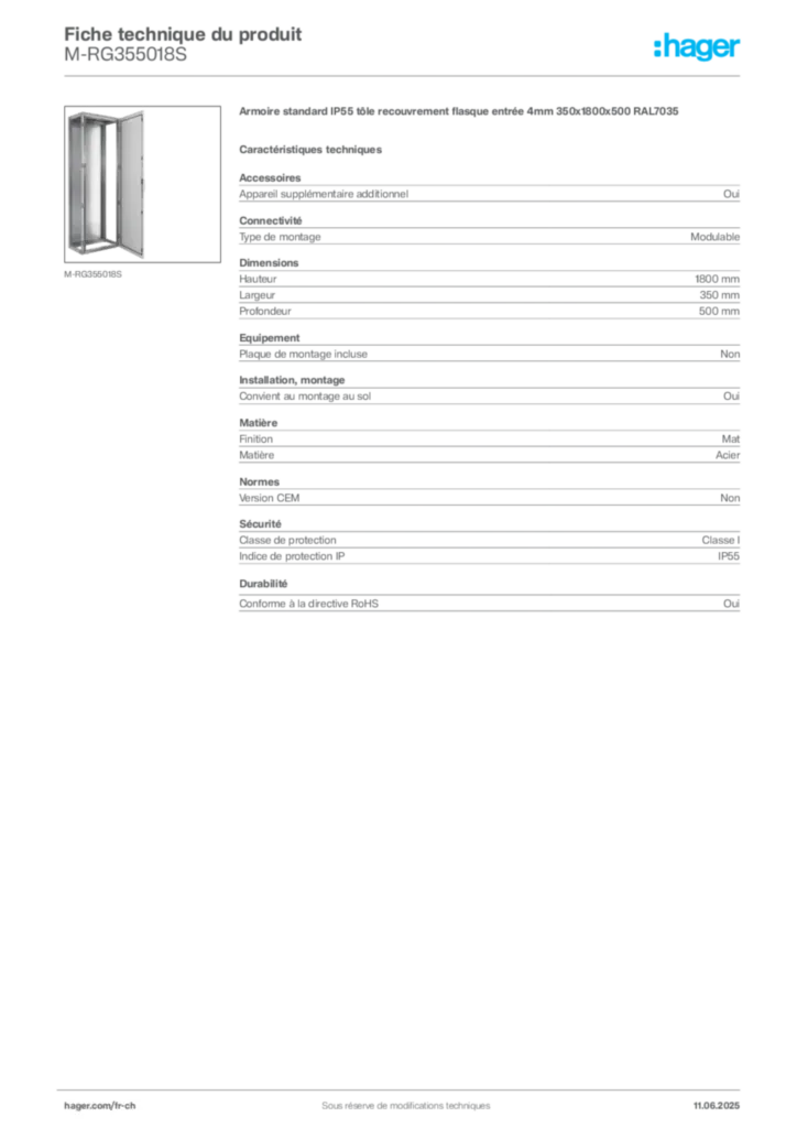 Image Hager Fiche technique du produit M-RG355018S | Hager Suisse