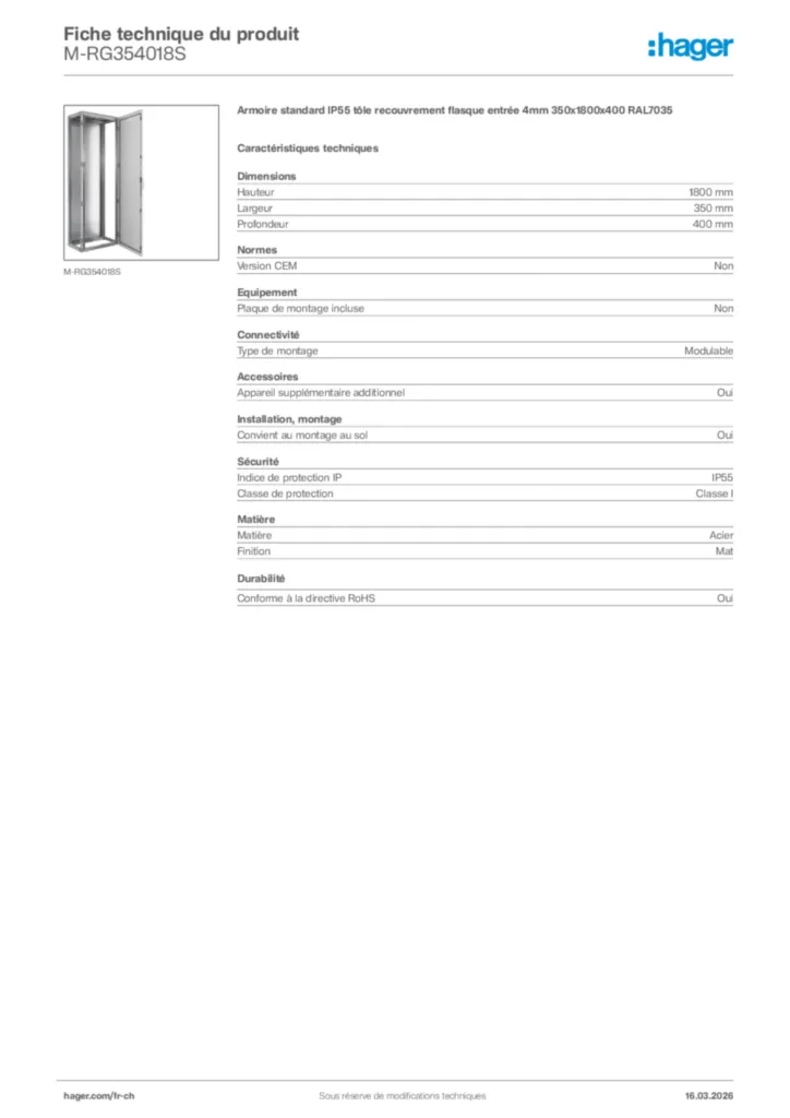 Image Hager Fiche technique du produit M-RG354018S | Hager Suisse