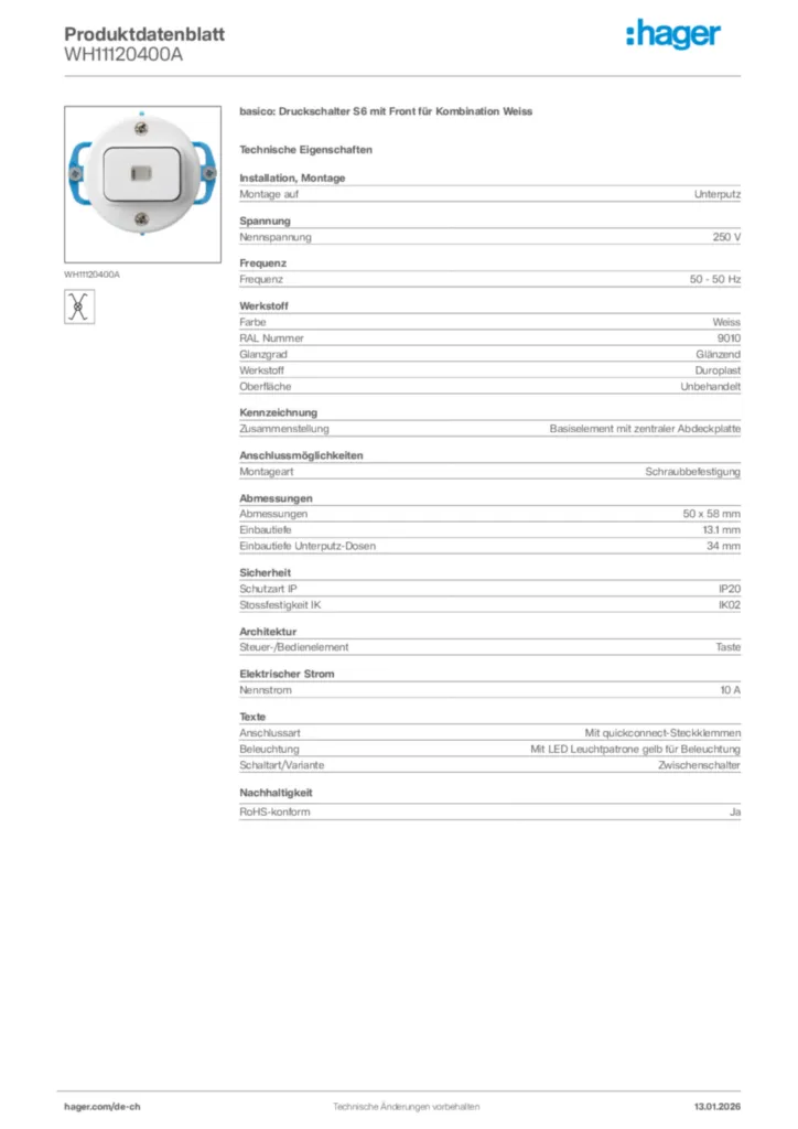 Bild Hager Produktdatenblatt WH11120400A | Hager Schweiz