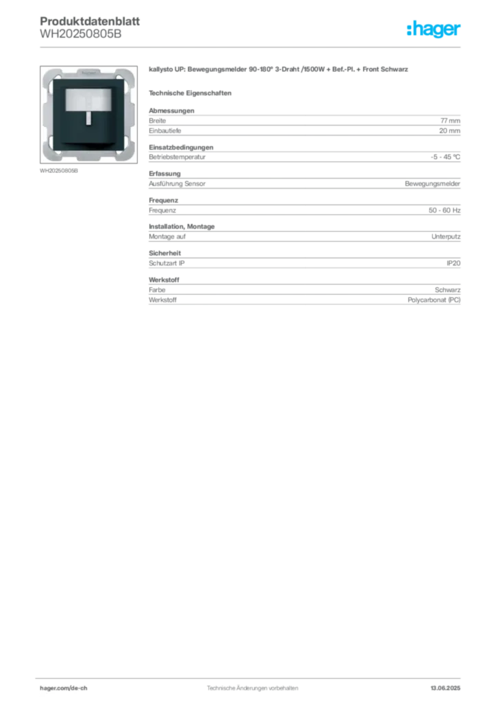 Bild Hager Produktdatenblatt WH20250805B | Hager Schweiz