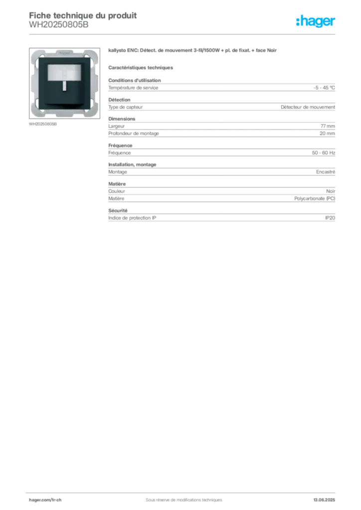 Image Hager Fiche technique du produit WH20250805B | Hager Suisse