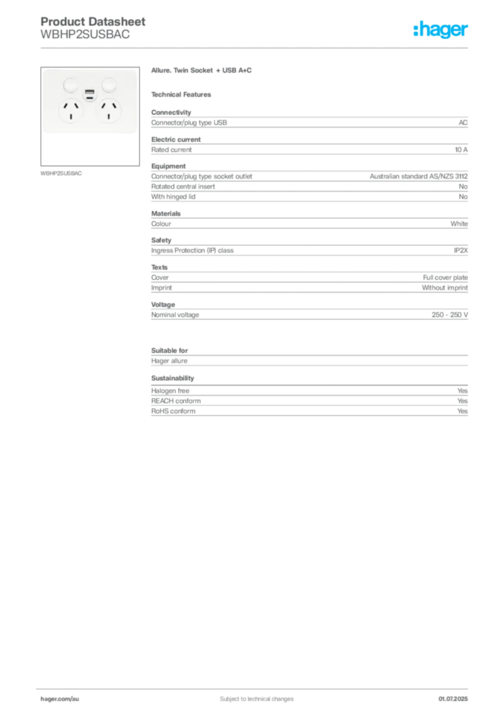 Image Hager Product data sheet WBHP2SUSBAC  | Hager Australia