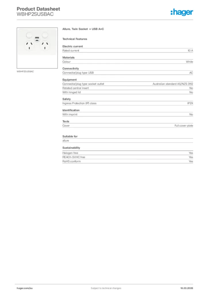 Image Hager Product data sheet WBHP2SUSBAC  | Hager Australia