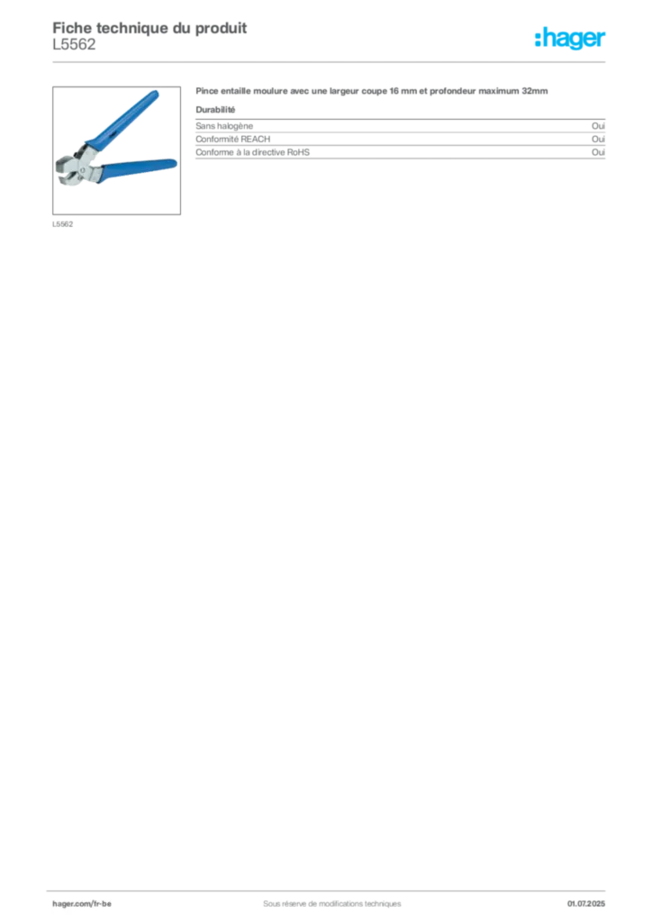 Image Hager Fiche technique du produit L5562 | Hager Belgique