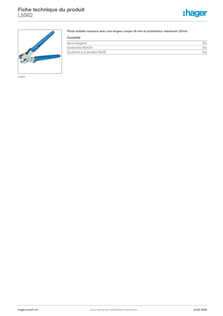 Image Hager Fiche technique du produit L5562 | Hager Suisse