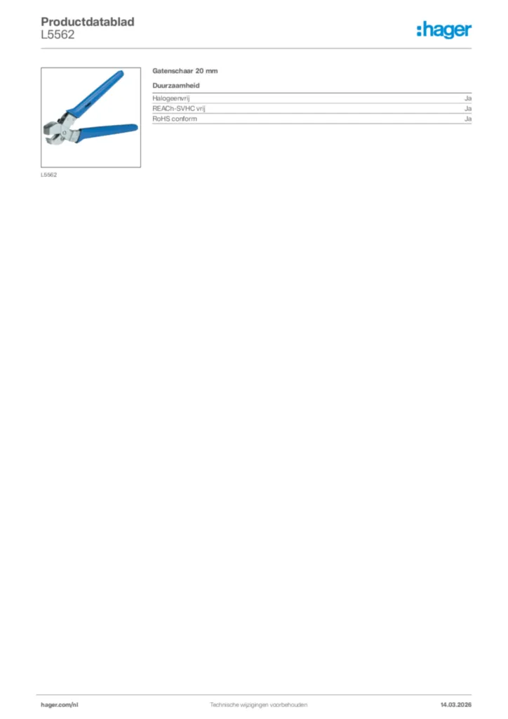 Afbeelding Hager Productdatablad L5562 | Hager Nederland