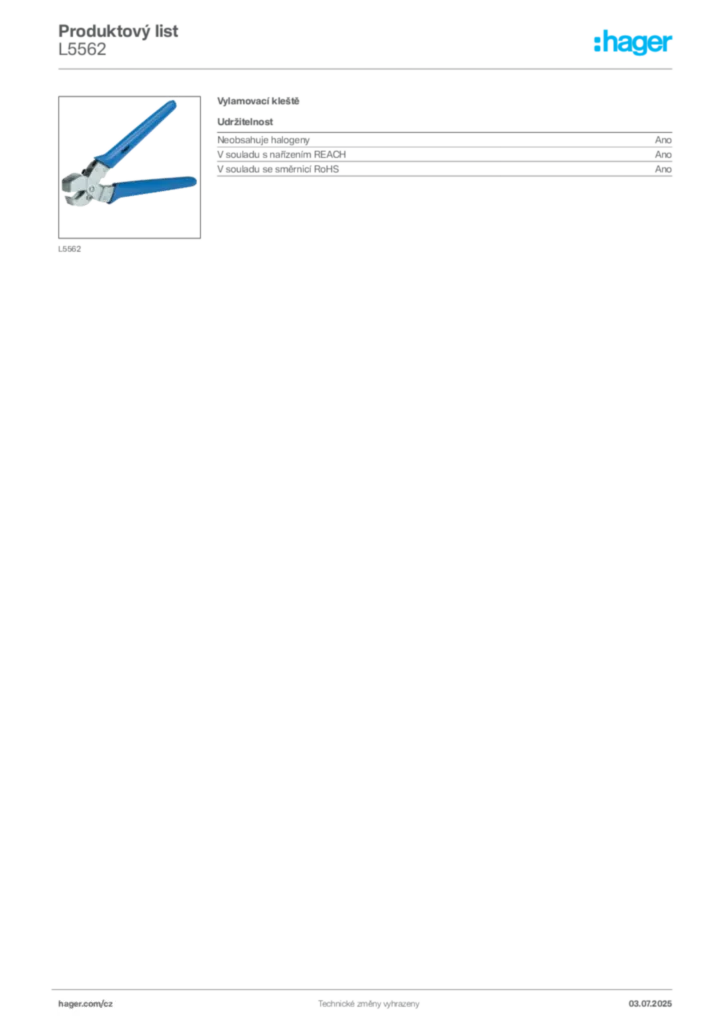 Obrázek Hager Produktový list L5562 | Hager