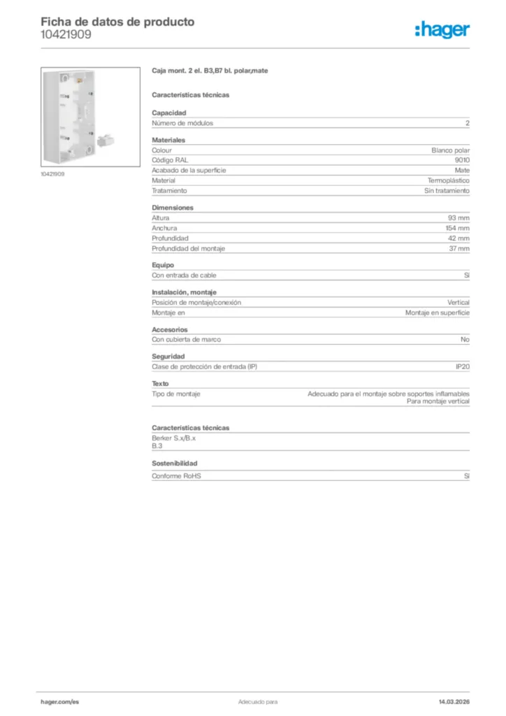 Imagen Hager Ficha de datos de producto 10421909 | Hager España