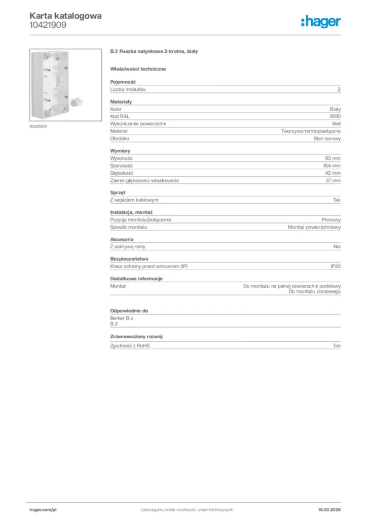 Zdjęcie Hager Karta katalogowa 10421909 | Hager Polska