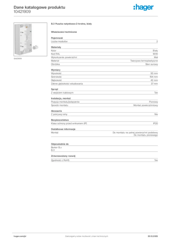 Zdjęcie Hager Dane katalogowe produktu 10421909 | Hager Polska