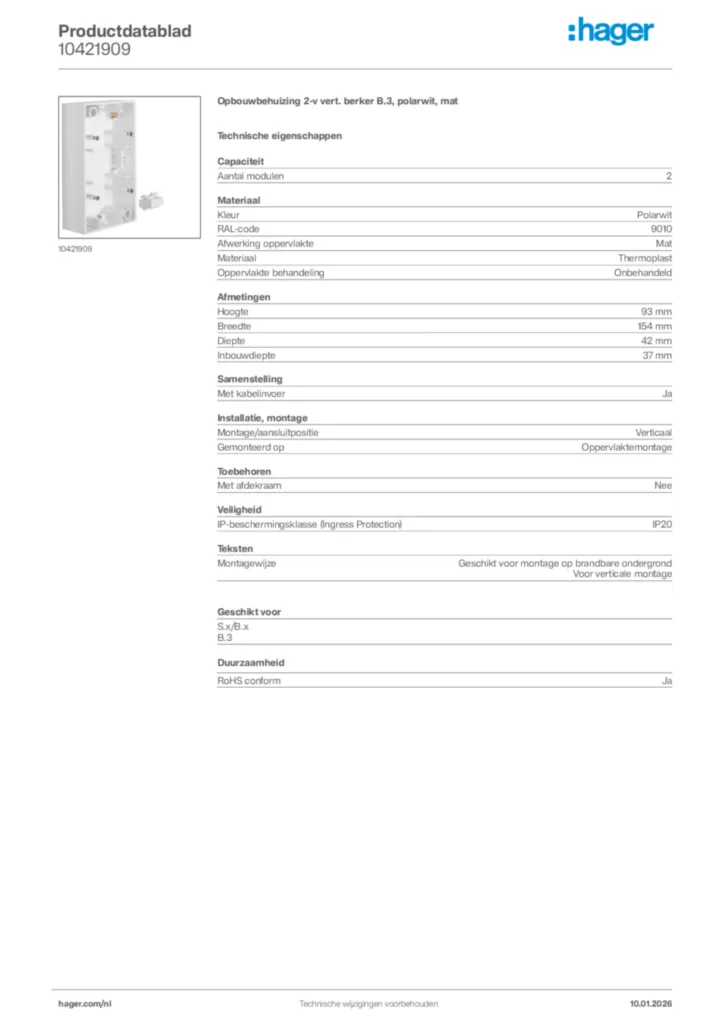 Afbeelding Hager Productdatablad 10421909 | Hager Nederland