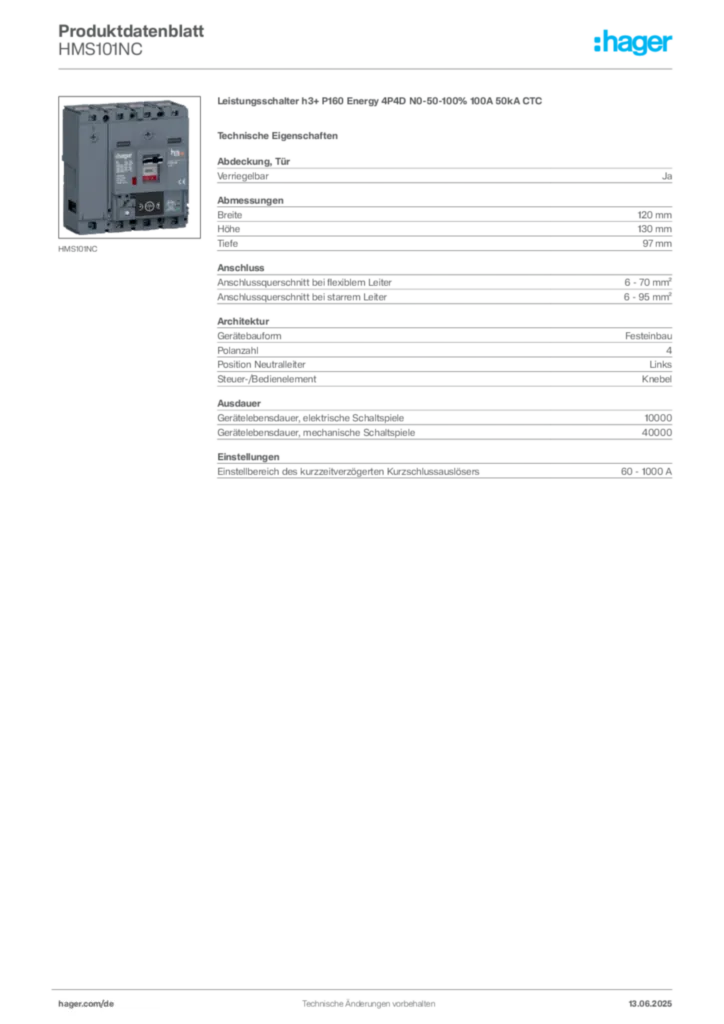 Bild Hager Produktdatenblatt HMS101NC | Hager Deutschland