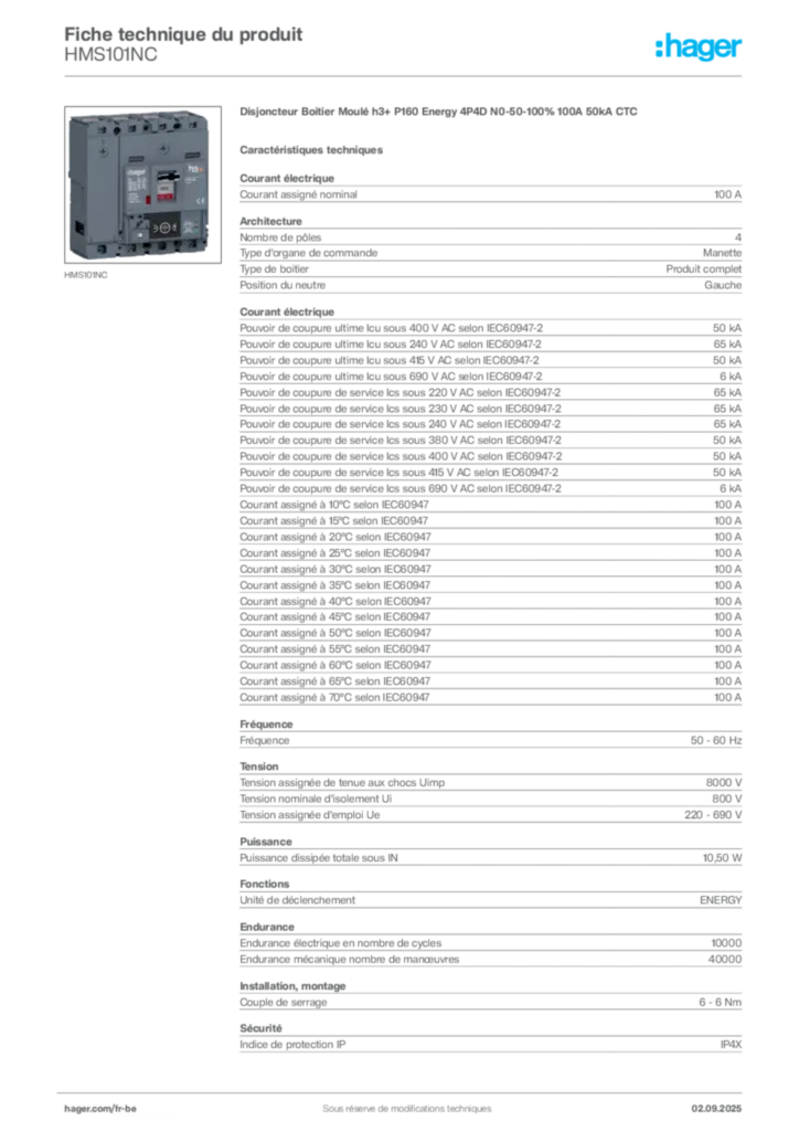 Image Hager Fiche technique du produit HMS101NC | Hager Belgique