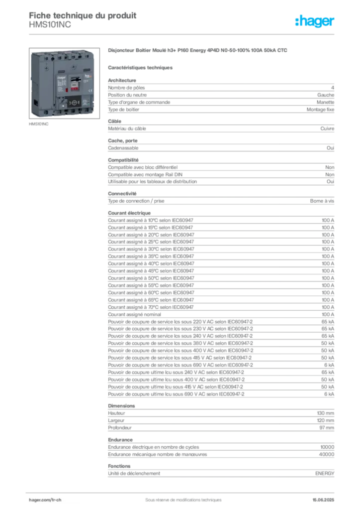 Image Hager Fiche technique du produit HMS101NC | Hager Suisse