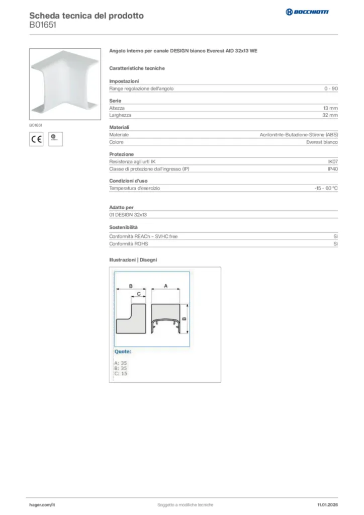 Immagine Bocchiotti Scheda tecnica del prodotto B01651 | Hager Italia