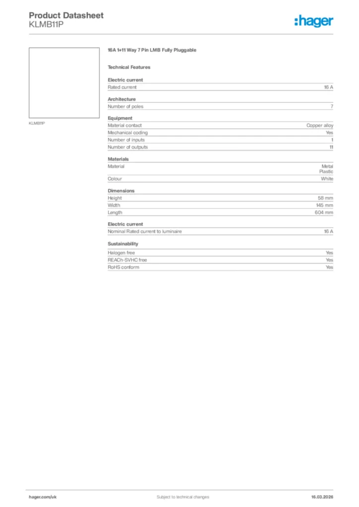 Image Hager Product data sheet KLMB11P  | Hager