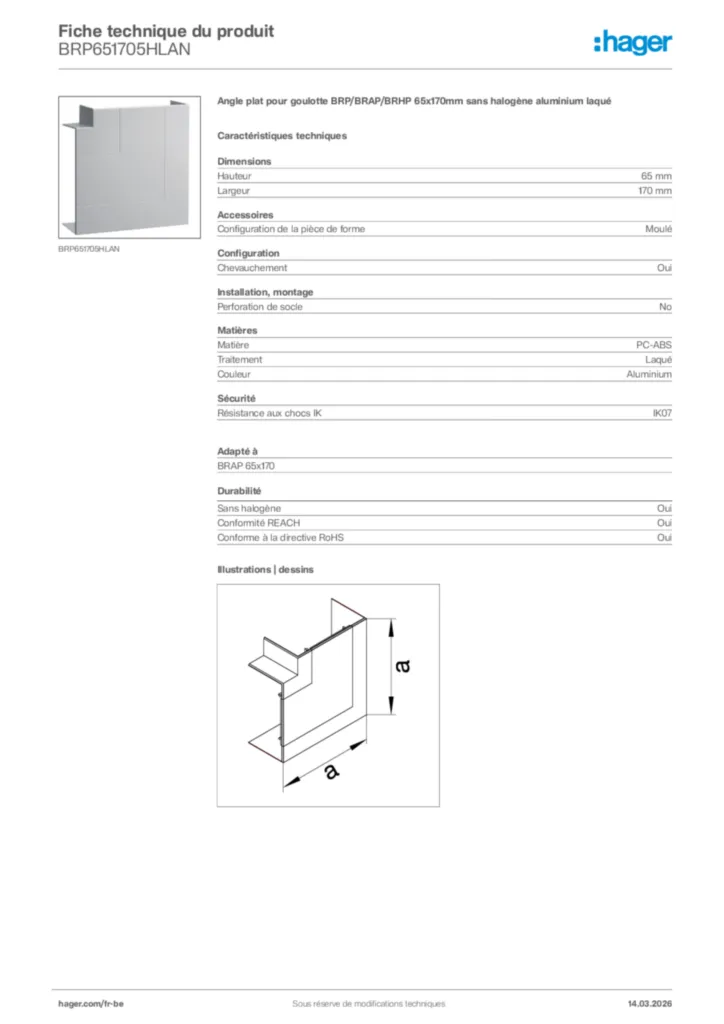 Image Hager Fiche technique du produit BRP651705HLAN | Hager Belgique