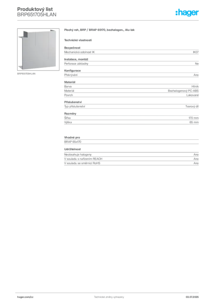 Obrázek Hager Produktový list BRP651705HLAN | Hager