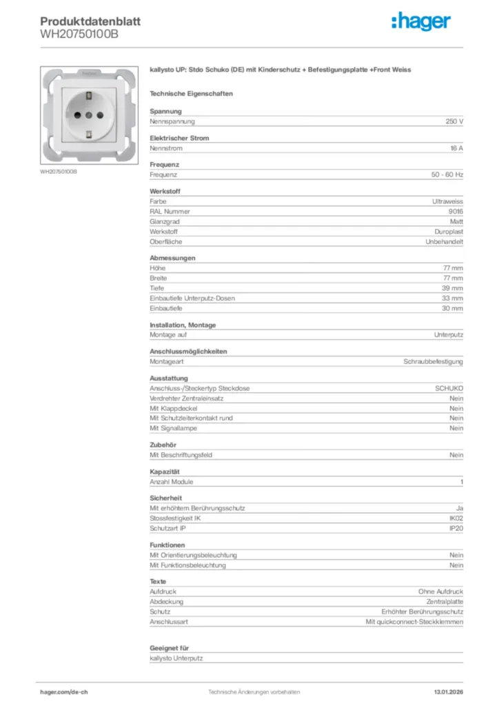 Bild Hager Produktdatenblatt WH20750100B | Hager Schweiz