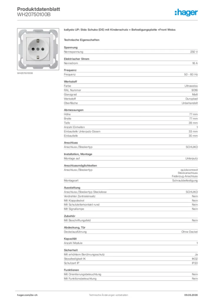 Bild Hager Produktdatenblatt WH20750100B | Hager Schweiz
