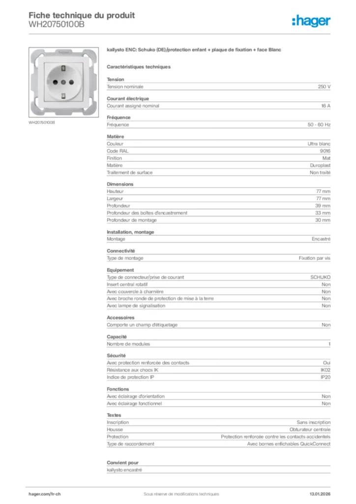 Image Hager Fiche technique du produit WH20750100B | Hager Suisse