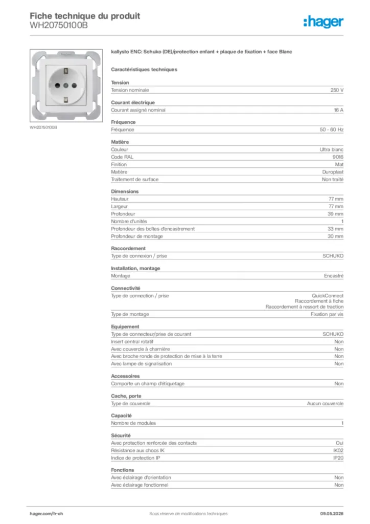 Image Hager Fiche technique du produit WH20750100B | Hager Suisse