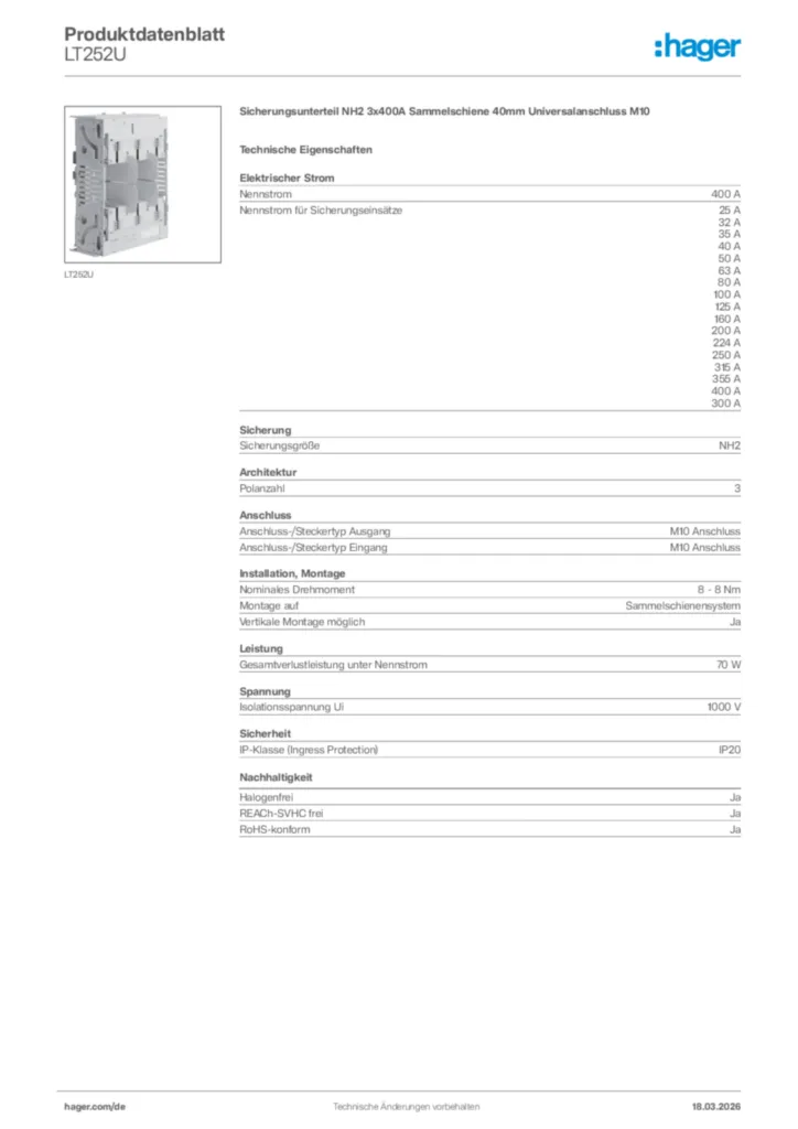 Bild Hager Produktdatenblatt LT252U | Hager Deutschland