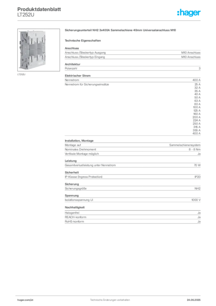 Bild Hager Produktdatenblatt LT252U | Hager Deutschland