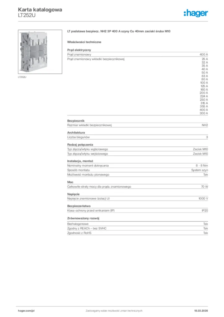 Zdjęcie Hager Karta katalogowa LT252U | Hager Polska