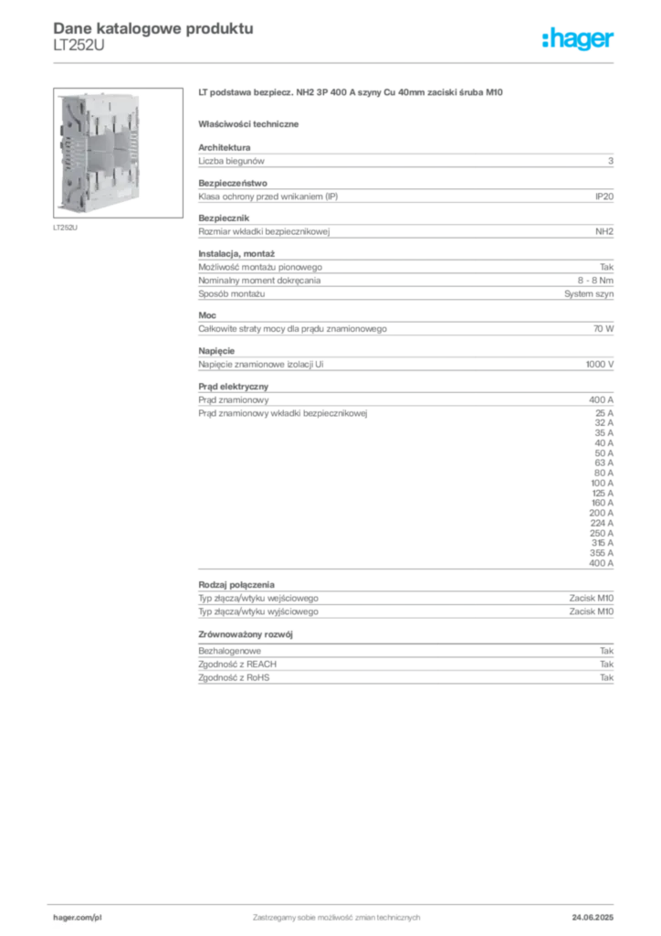 Zdjęcie Hager Dane katalogowe produktu LT252U | Hager Polska
