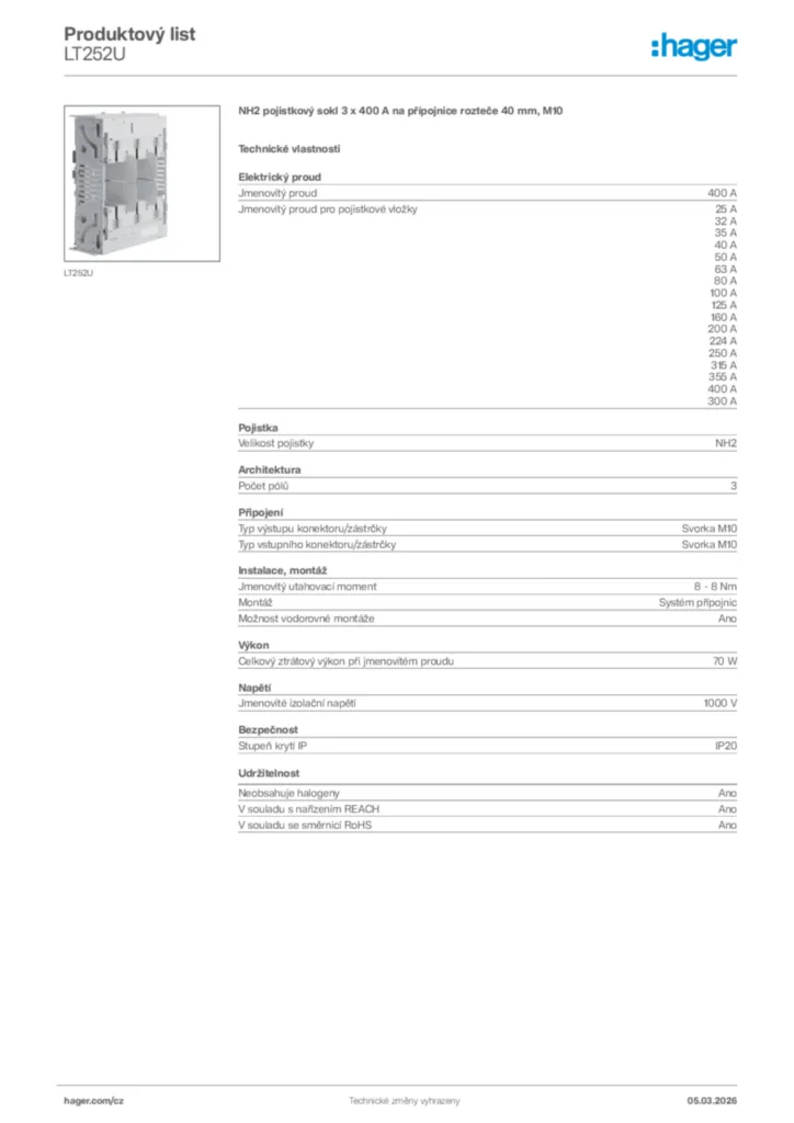 Obrázek Hager Product data sheet LT252U | Hager