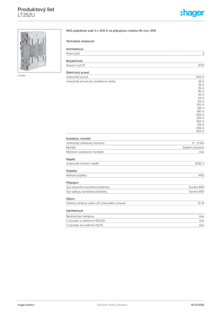 Obrázek Hager Produktový list LT252U | Hager