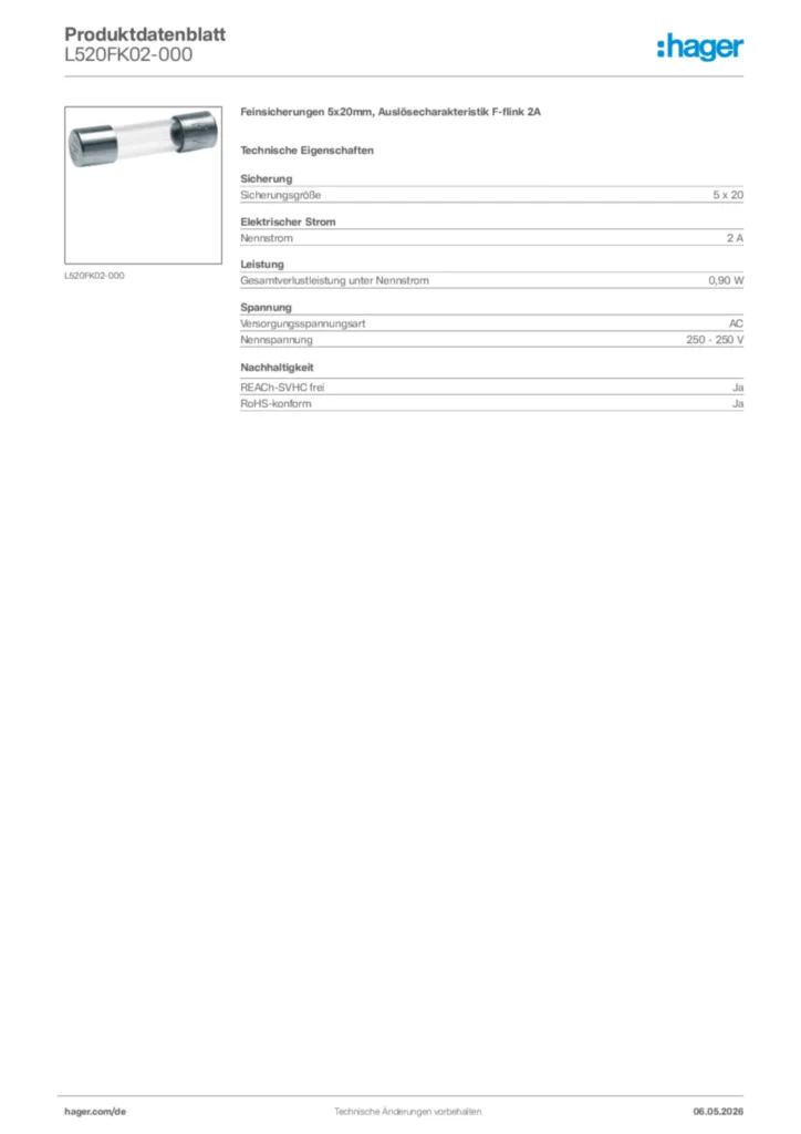 Bild Hager Produktdatenblatt L520FK02-000 | Hager Deutschland