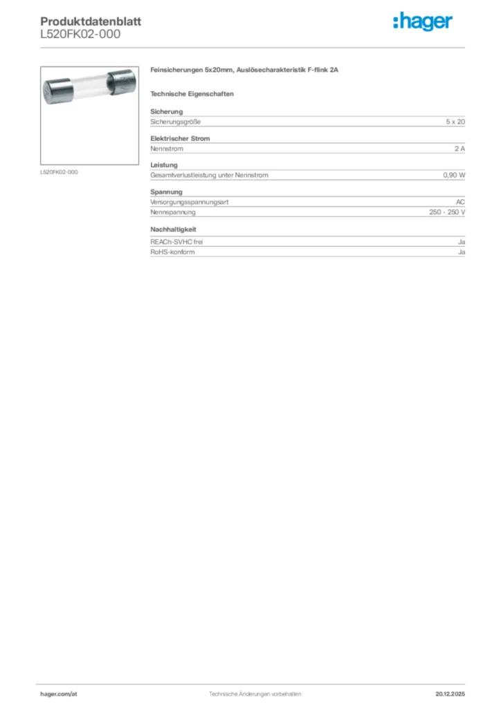 Bild Hager Produktdatenblatt L520FK02-000 | Hager Deutschland