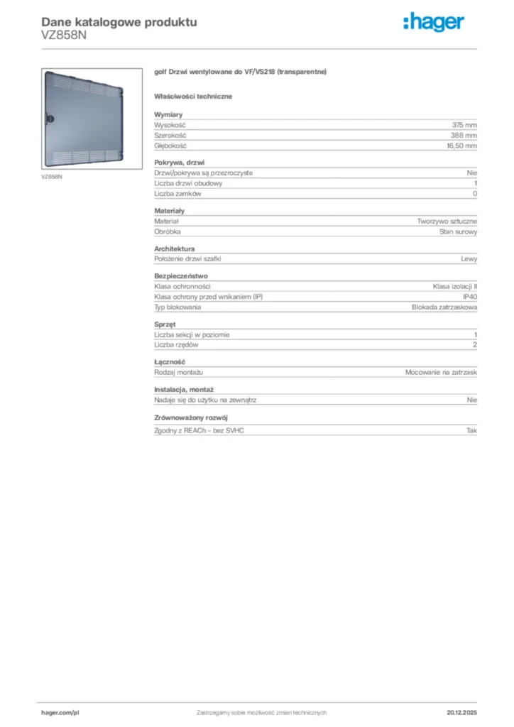 Zdjęcie Hager Dane katalogowe produktu VZ858N | Hager Polska