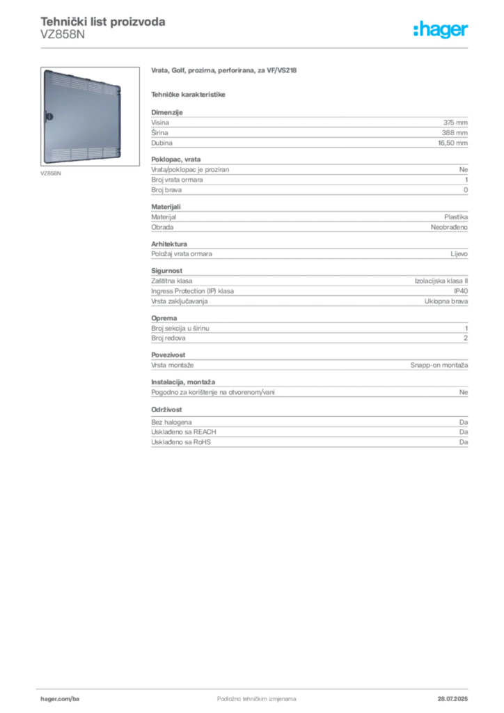 Slika Hager Product data sheet VZ858N  | Hager